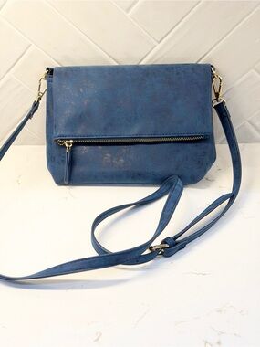 Classic blue distressed faux leather Crossbody Bag with Front Zip Pocket